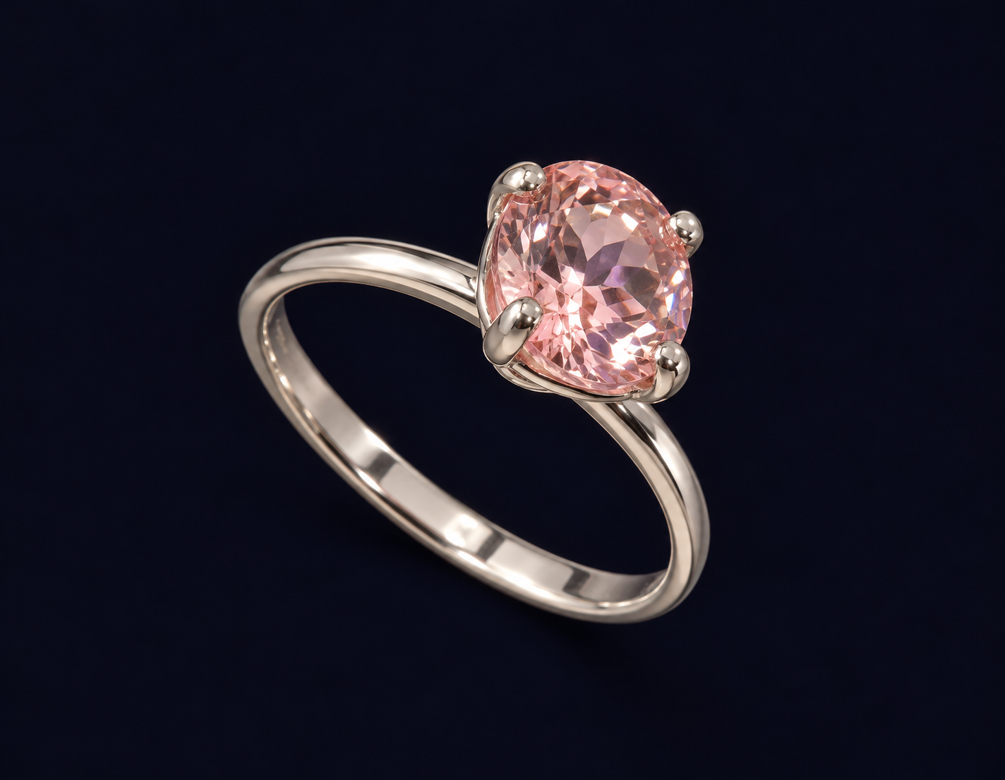 Anel de aro liso com centro oval rosa facetado em vista oblíqua.